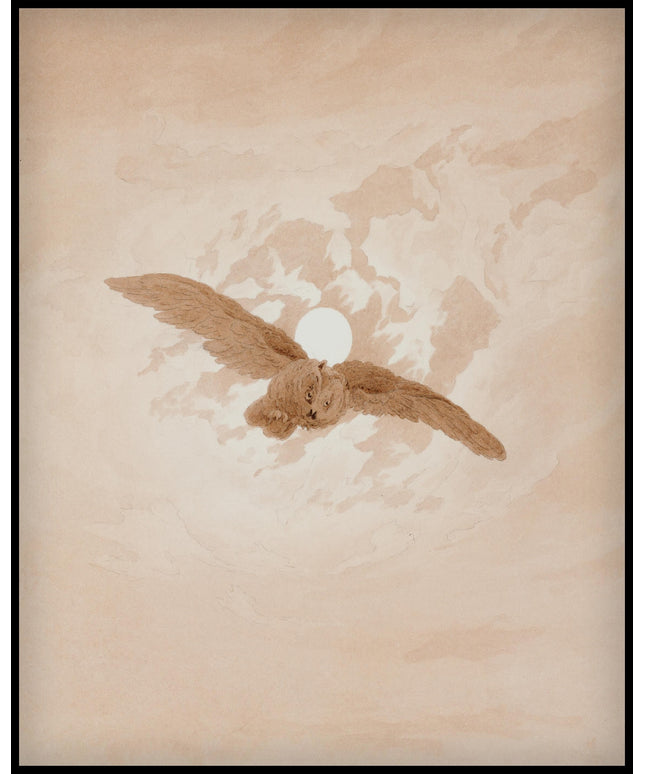Ein Kunstdruck einer fliegenden Eule vor einem Mondhimmel