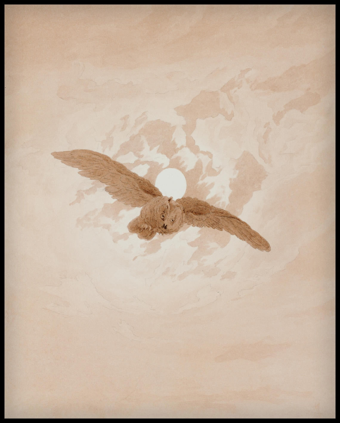 Ein Kunstdruck einer fliegenden Eule vor einem Mondhimmel