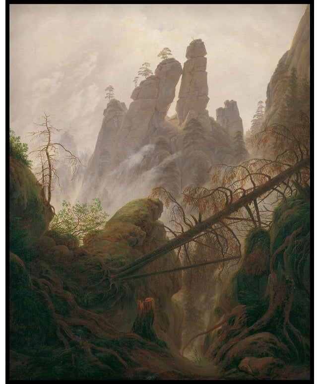 Ein Kunstdruck einer felsigen Landschaft mit dichten Bäumen, Bergen und einer Brücke im Vordergrund