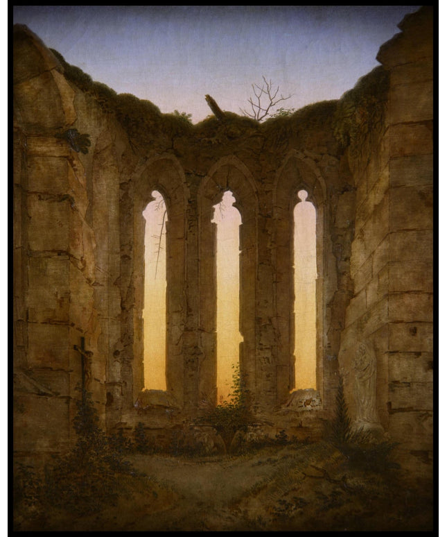 Ein Kunstdruck mit einer Ruinenstruktur und einem Blick auf die untergehende Sonne, von innen durch mehrere Bögen gesehen