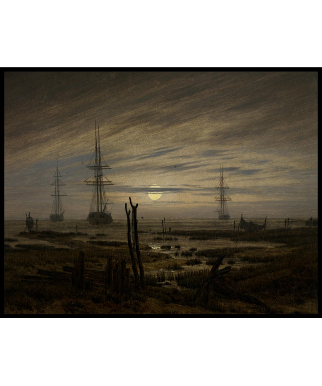 Ein Kunstdruck von drei Segelschiffen auf der Reede im Mondschein