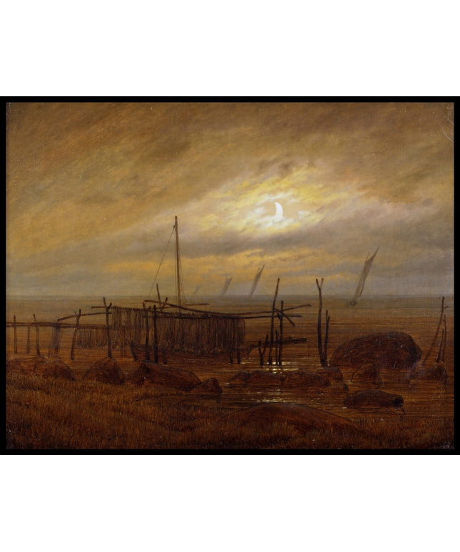 Ein Kunstdruck von einer Küstenlandschaft im Mondschein