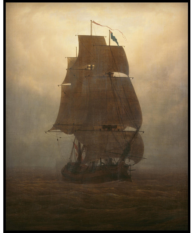 Ein Kunstdruck eines Segelschiffs auf ruhiger See mit Flaggen und Segeln im Wind