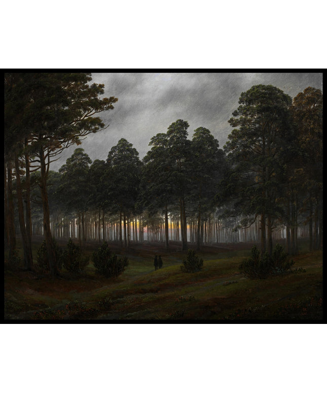 Ein Kunstdruck von einer Lichtung im Wald am Abend, mit einem Sonnenuntergang im Hintergrund zwischen den Bäumen