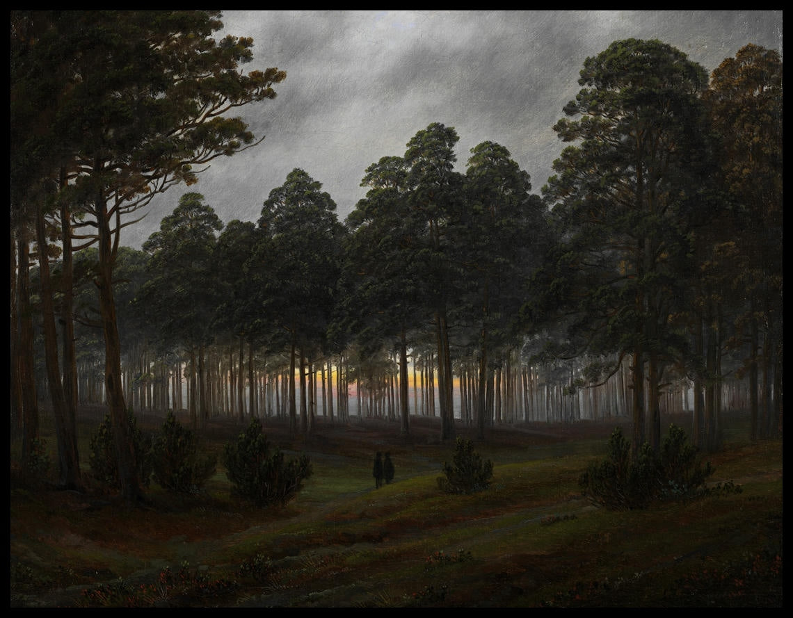 Ein Kunstdruck von einer Lichtung im Wald am Abend, mit einem Sonnenuntergang im Hintergrund zwischen den Bäumen