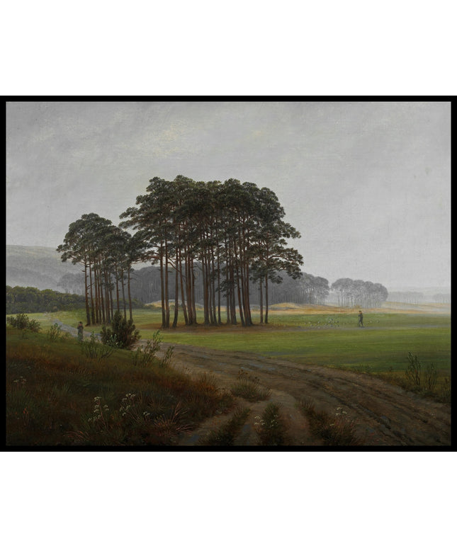 Ein Kunstdruck von einer nebligen Wiese, einem Pfad und einem Wald im Hintergrund