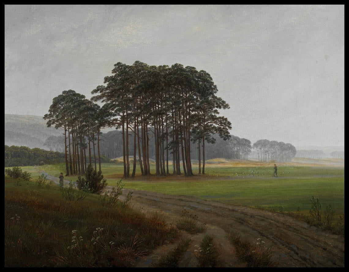 Ein Kunstdruck von einer nebligen Wiese, einem Pfad und einem Wald im Hintergrund