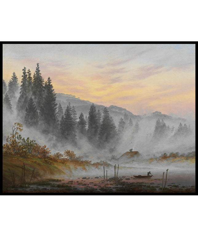 Ein Kunstdruck von einer Morgenszene mit einer Waldlandschaft, angedeutetem Sonnenaufgang und einem Fischerboot