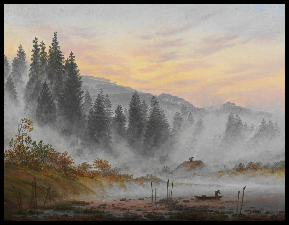 Ein Kunstdruck von einer Morgenszene mit einer Waldlandschaft, angedeutetem Sonnenaufgang und einem Fischerboot