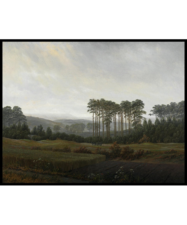 Ein Kunstdruck von einer weiten, Landschaft am Nachmittag mit einem Acker im Vordergrund und Bäumen im Hintergrund