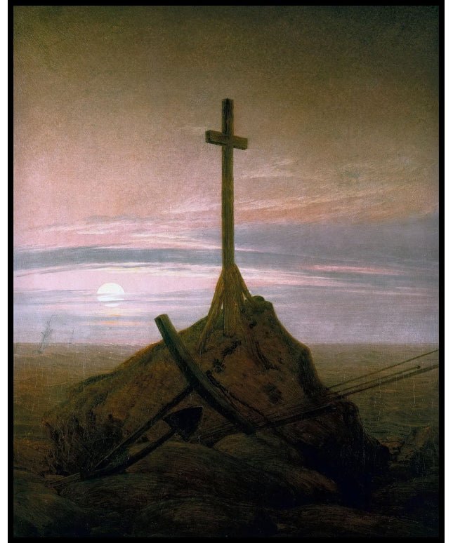 Ein Kunstdruck eines Holzkreuzes auf einem Hügel mit Sonnenuntergang im Hintergrund