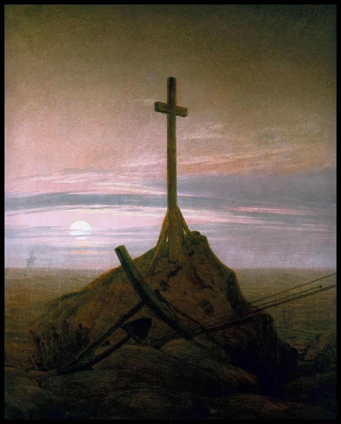 Ein Kunstdruck eines Holzkreuzes auf einem Hügel mit Sonnenuntergang im Hintergrund