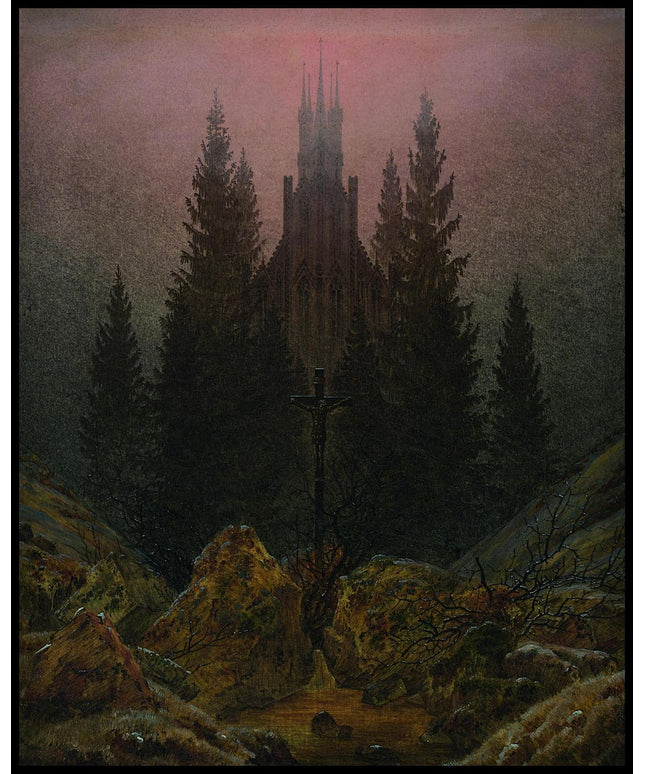 Ein Kunstdruck mit einem Kreuz in einer felsigen Landschaft, dahinter eine Kirche umgeben von Tannen und einem rötlichen Himmel