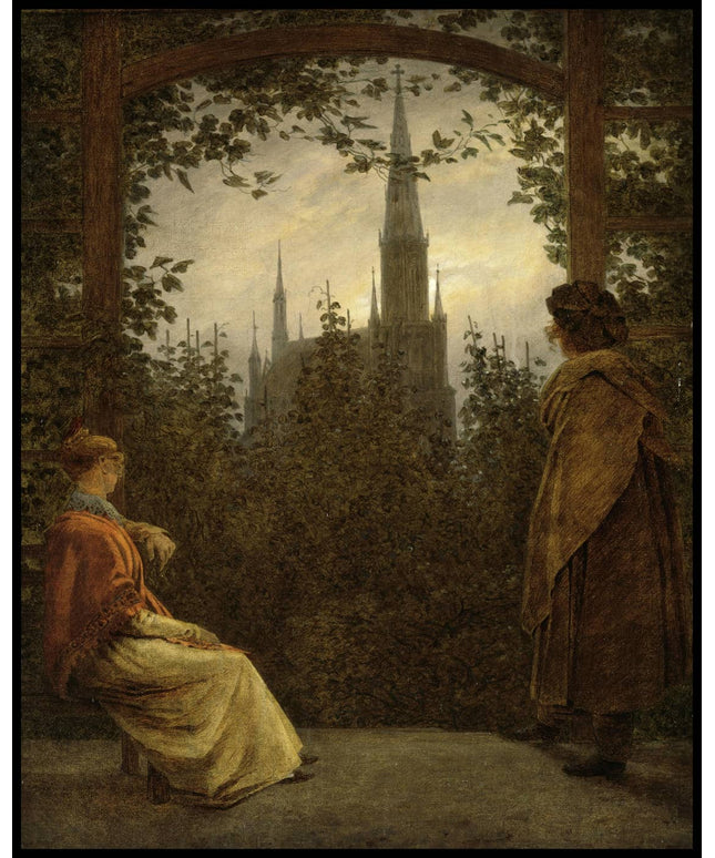 Ein Kunstdruck einer sitzenden Frau und eines stehenden Mannes in einer Gartenlaube mit einem Ausblick auf eine gotische Kirche im Hintergrund