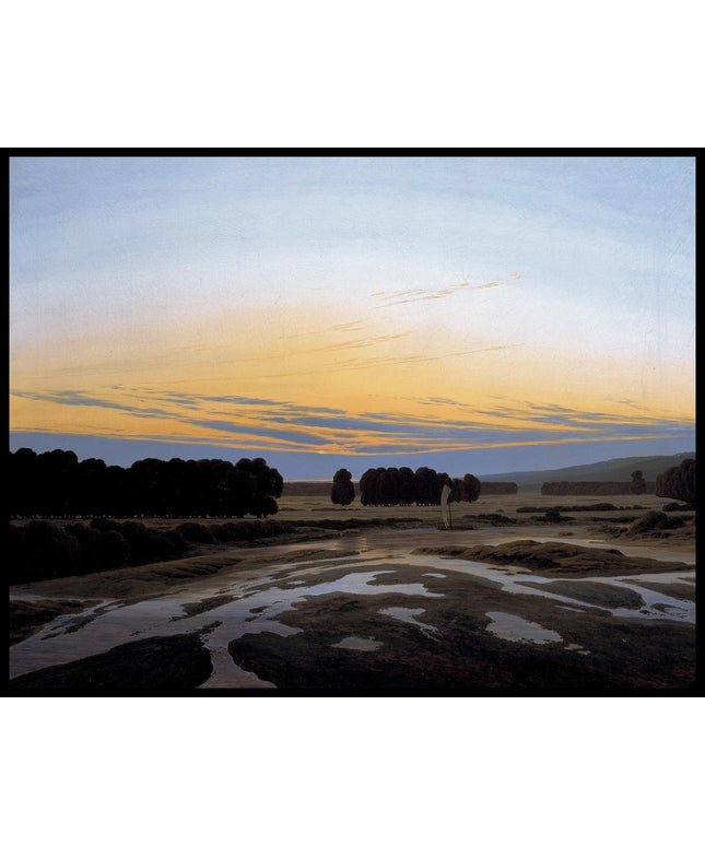 Ein Kunstdruck von einem Überschwemmungsgebiet mit Sand- und Schlamminseln