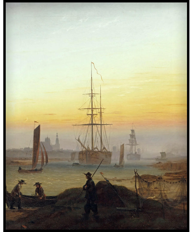 Ein Kunstdruck einer Hafenansicht bei Sonnenuntergang