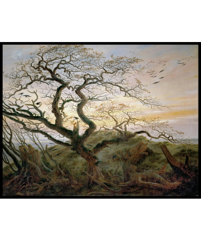 Ein Kunstdruck von einem kahlen Baum mit vielen Krähen