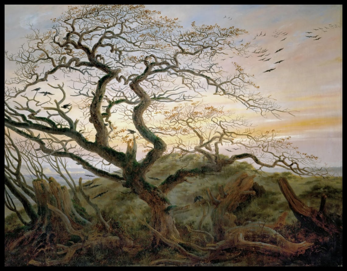 Ein Kunstdruck von einem kahlen Baum mit vielen Krähen
