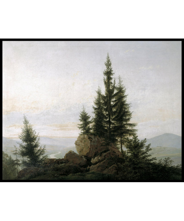 Ein Kunstdruck vom Ausblick in das Elbtal, mit Gestein und Bäumen im Vordergrund