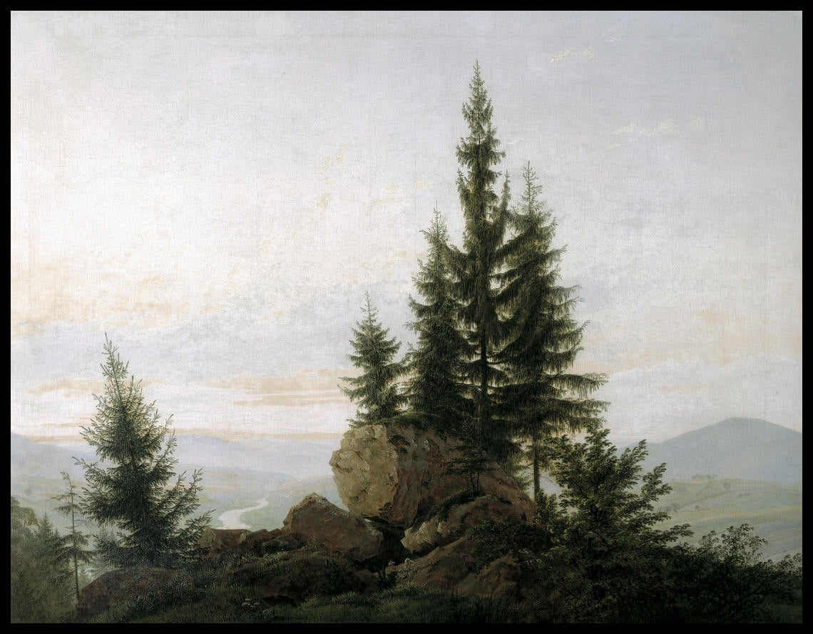 Ein Kunstdruck vom Ausblick in das Elbtal, mit Gestein und Bäumen im Vordergrund