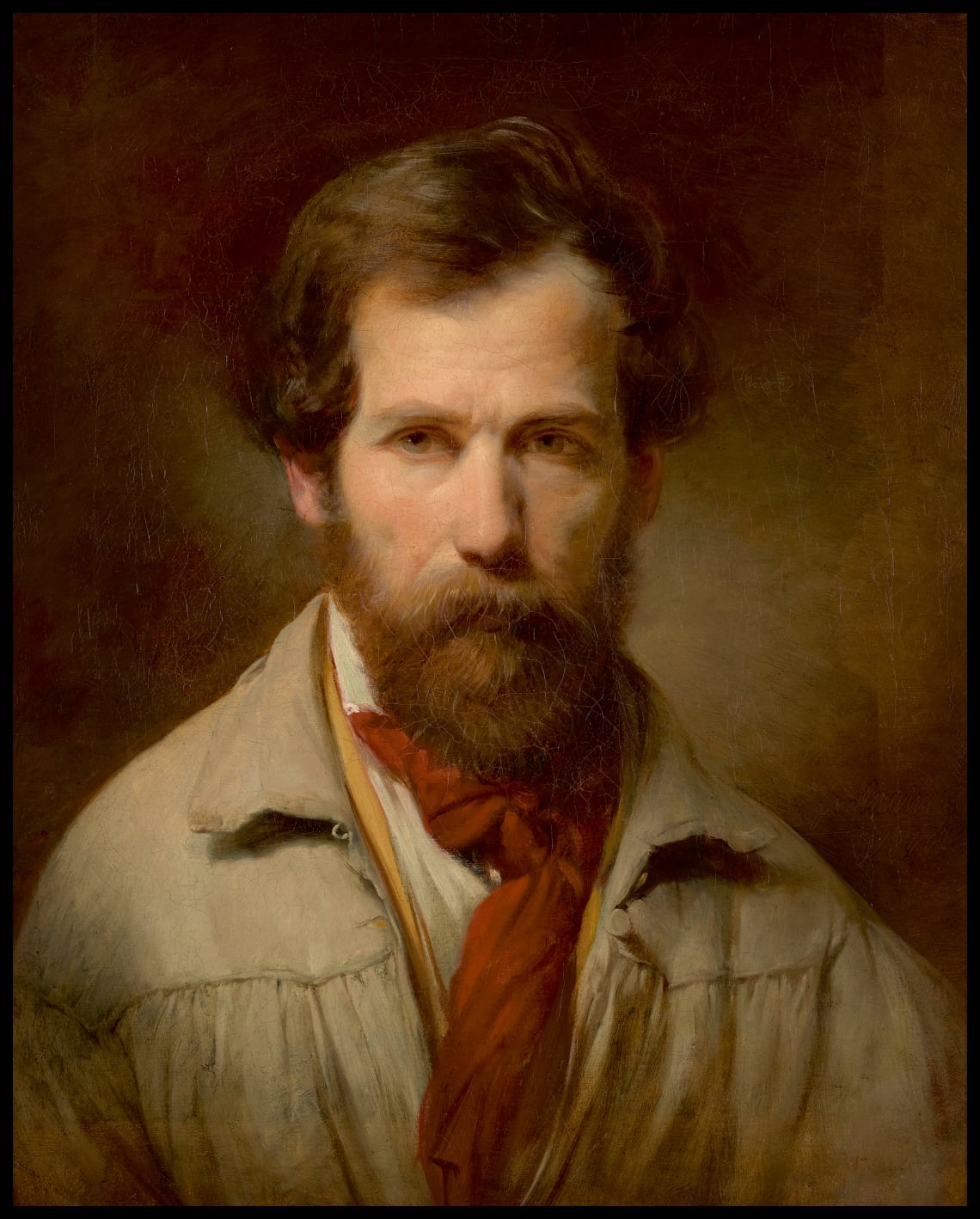 Self-portrait en face in a gray painter's smock and with a red scarf