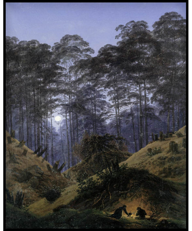 Ein Kunstdruck eines Waldes bei Mondschein mit detailreichen Bäumen und einer beleuchteten Szene am Boden