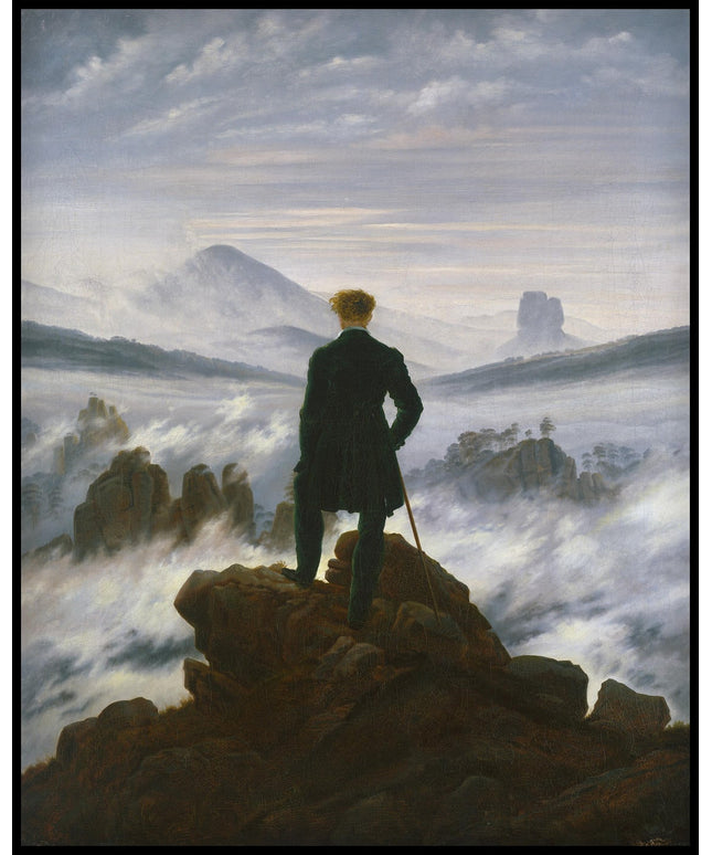 Ein Kunstdruck eines Wanderers über dem Nebelmeer mit reißenden Wellen und Bergen im Hintergrund