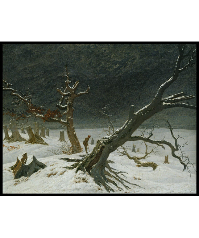 Ein Kunstdruck mit einem kahlen Baum und Baumstümpfen inmitten einer schneebedeckten Winterlandschaft
