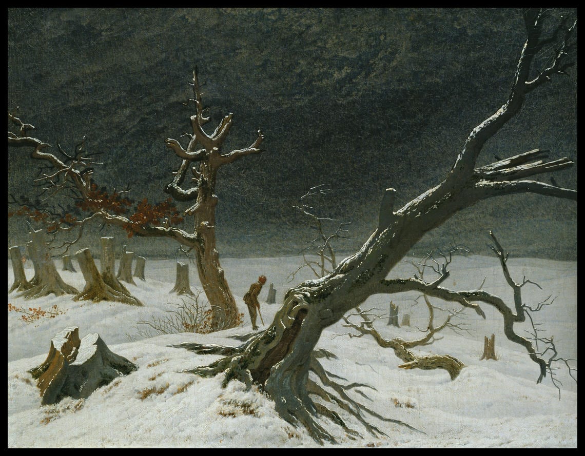Ein Kunstdruck mit einem kahlen Baum und Baumstümpfen inmitten einer schneebedeckten Winterlandschaft