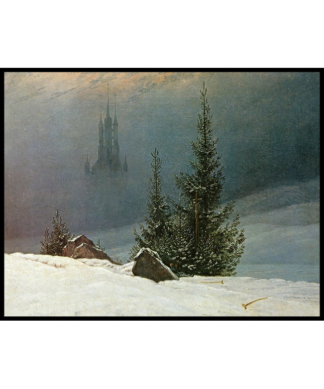 Ein Kunstdruck von einer Kreuzigung und einer Kirche in einer Winterlandschaft