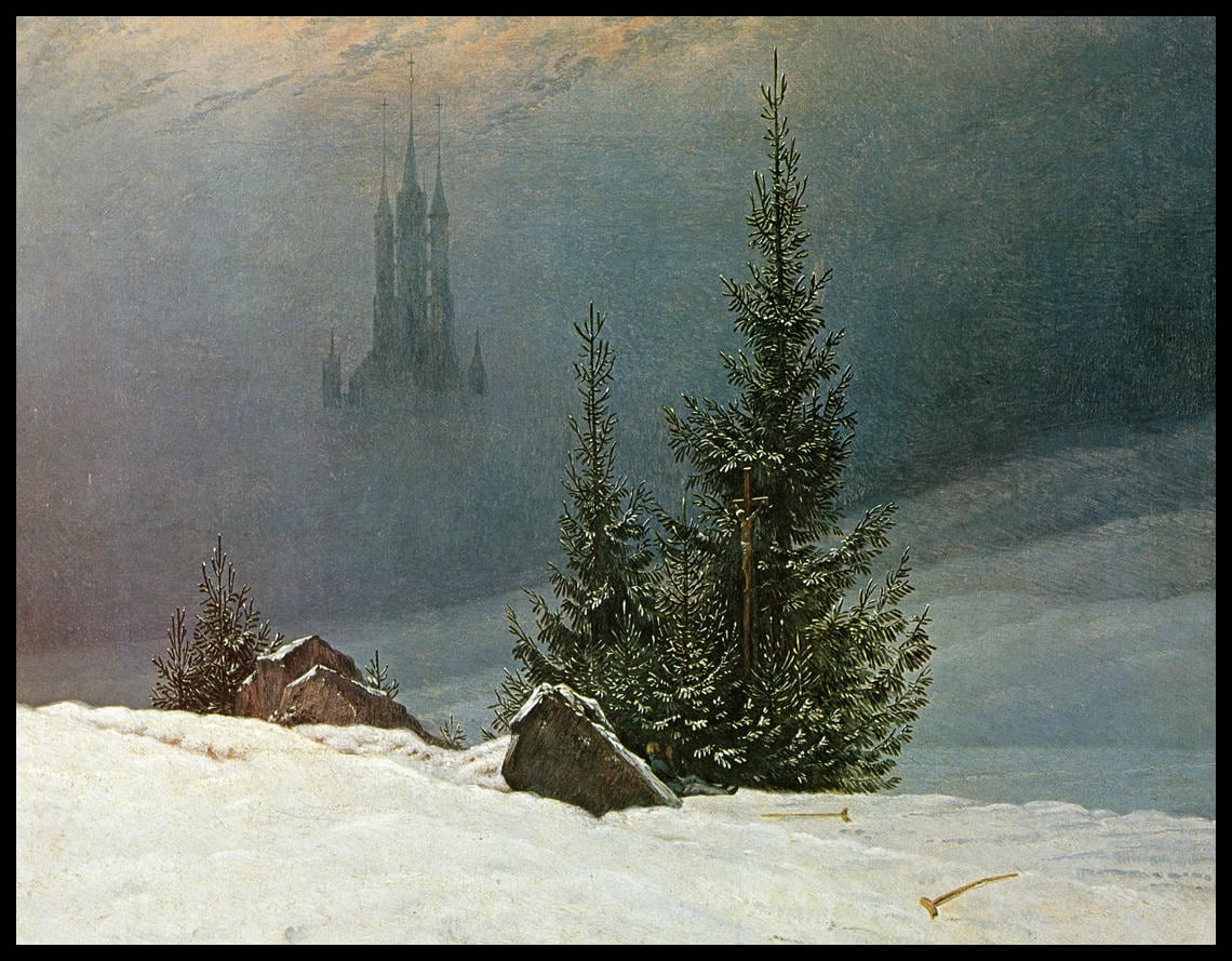 Ein Kunstdruck von einer Kreuzigung und einer Kirche in einer Winterlandschaft