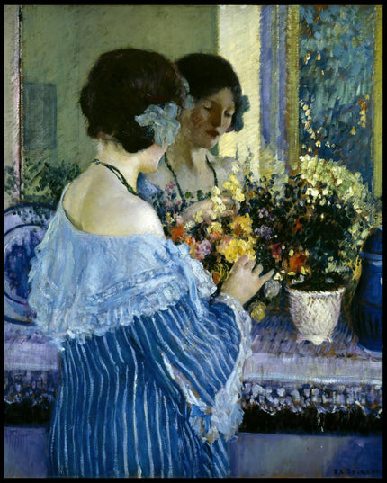 Girl in Blue Arranging Flowers