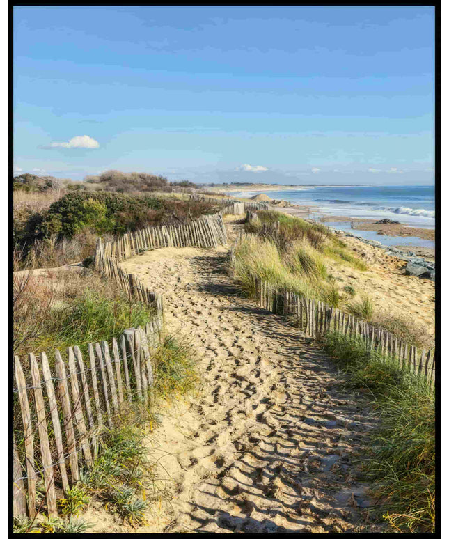 Ein Poster von einem sandigen Pfad, der sich entlang eines mit Gras und Dünen bewachsenen Küstenstreifens schlängelt.