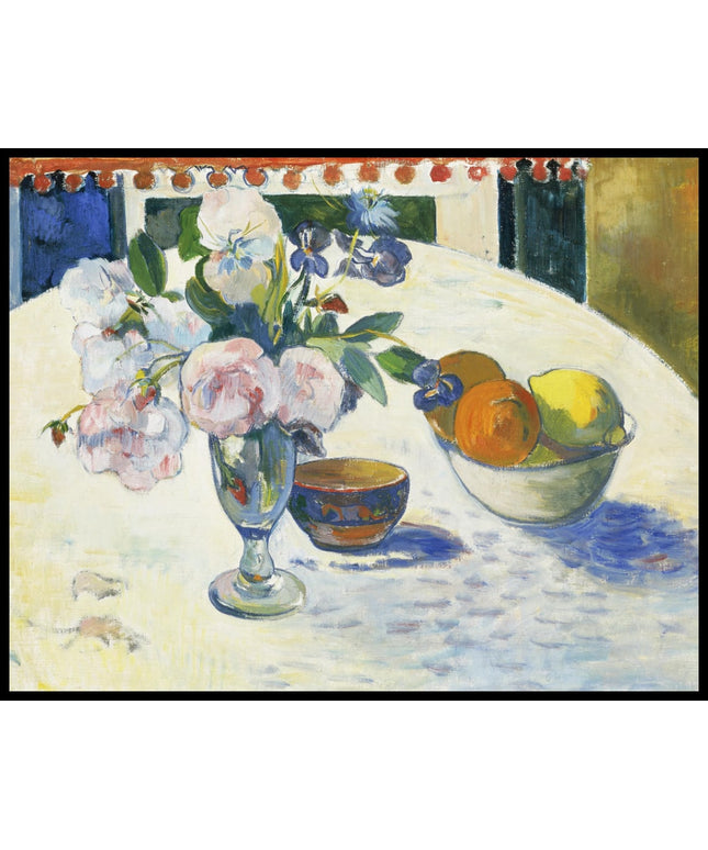 Flowers and a Bowl of Fruit on a Table