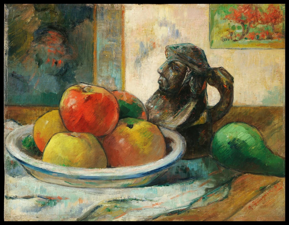 Still life with apples, pear and jug