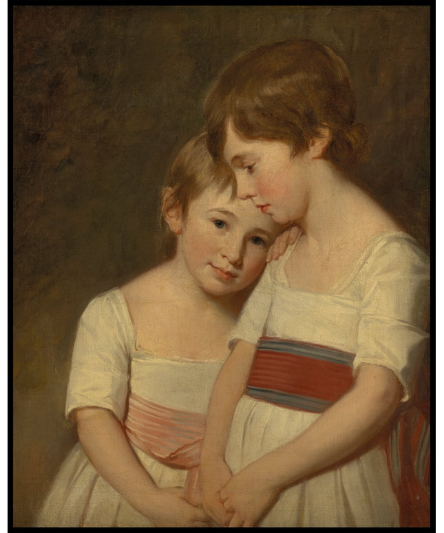 Double portrait of two siblings in white dresses