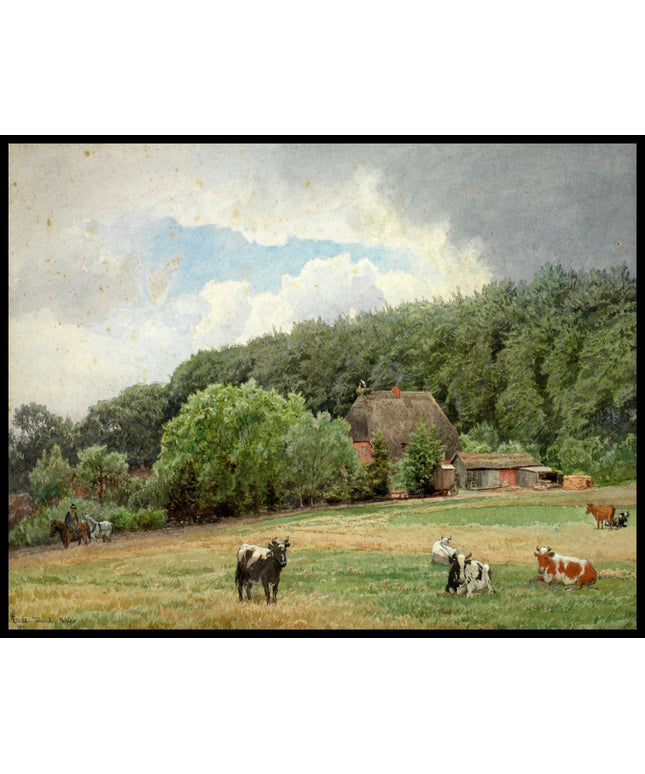 Bondegård med beitende kuer