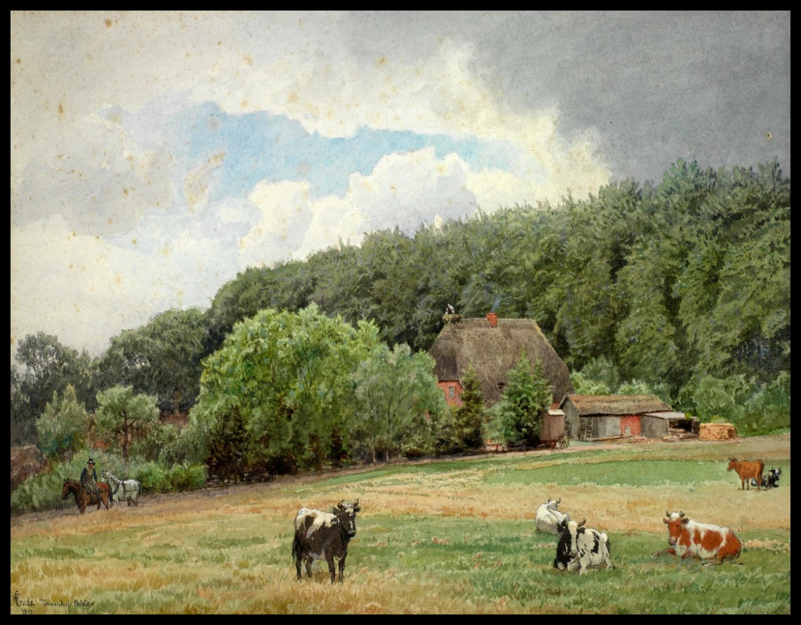 Bondegård med beitende kuer