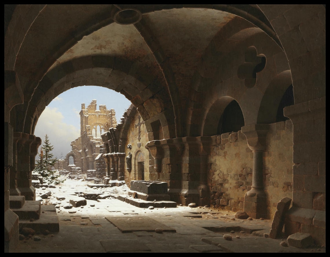 Vue sur les ruines de l'église en hiver
