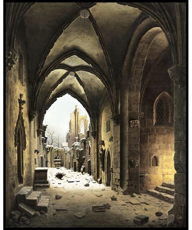 Blick durch einen Klostergang auf eine winterliche Ruinenlandschaft