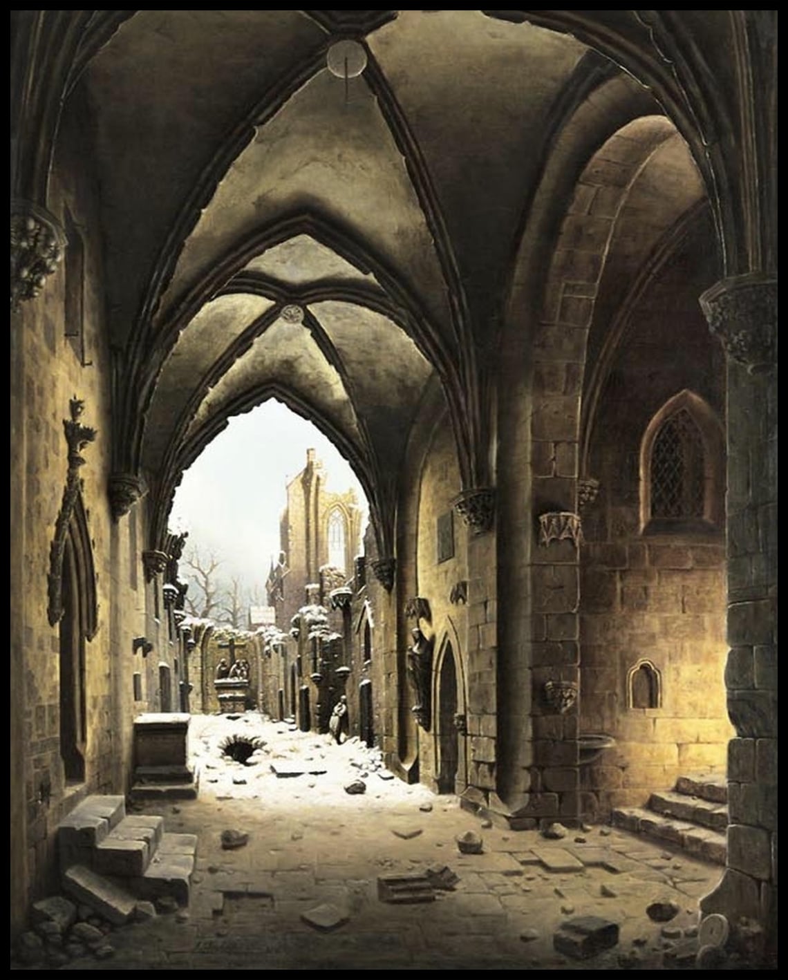 Vue sur un paysage de ruines hivernales à travers un couloir du monastère