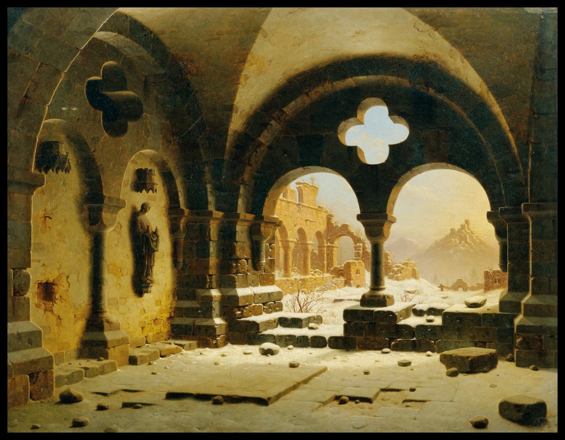 Les ruines du monastère en hiver