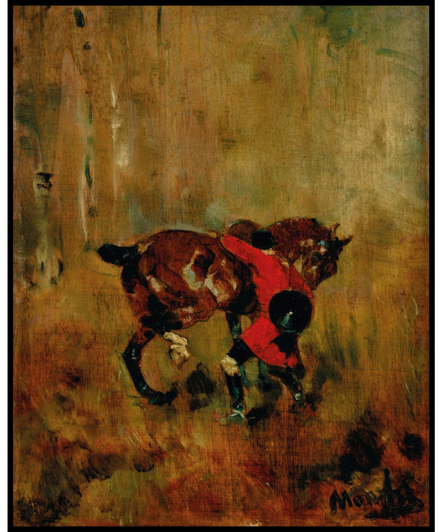 Cavalier de chasse à courre ressanglant son cheval