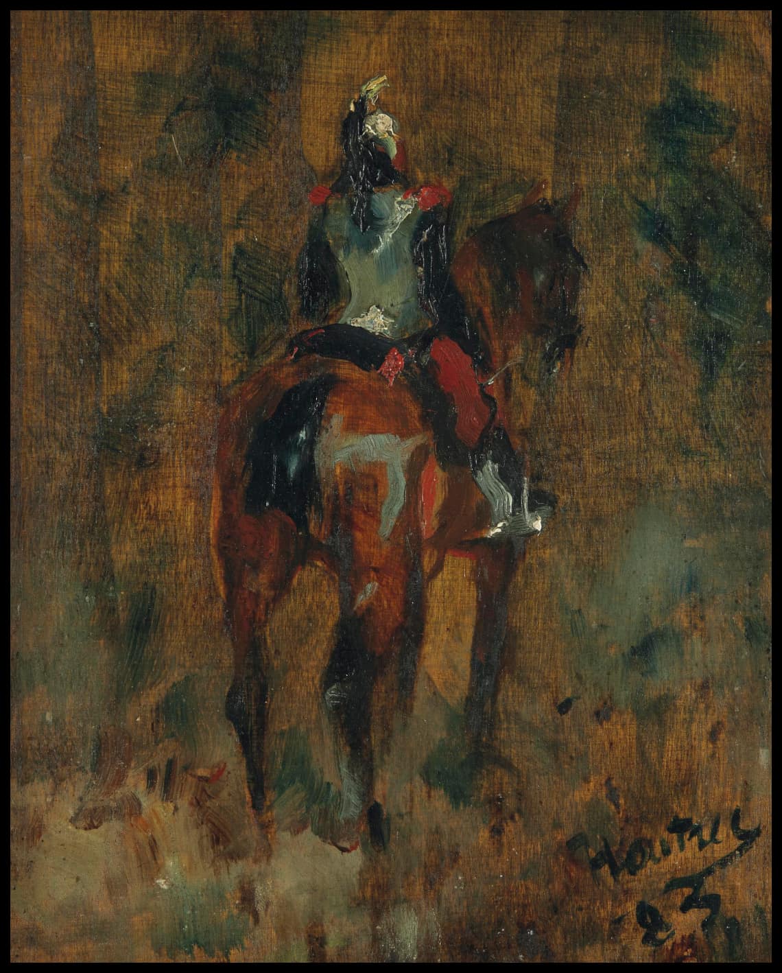 Cuirassier à cheval, vu de dos