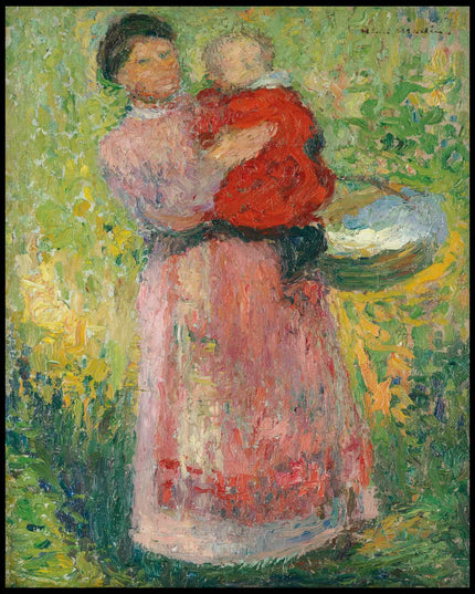 Femme portant dans ses bras un enfant en rouge