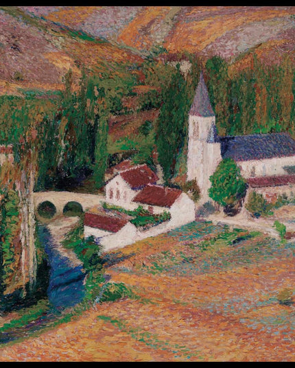 L’église de Labastide-du-Vert avec le pont et la rivère, un soir d’automne