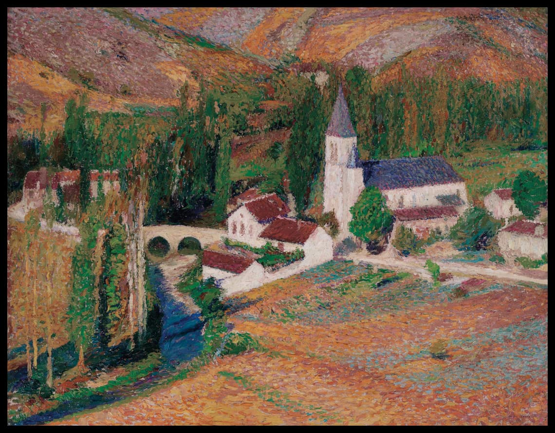 L'église de Labastide-du-Vert avec le pont et la rivère, un soir d'automne