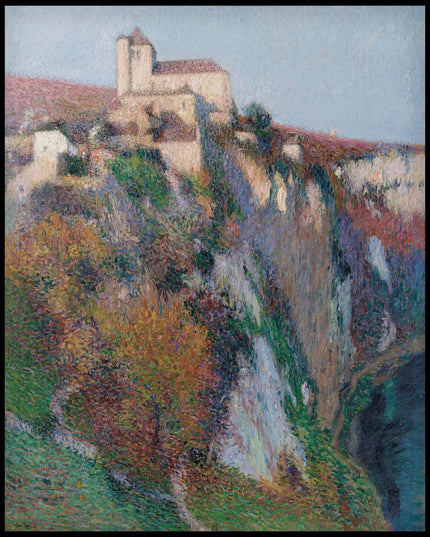 L’église Saint-Cirq Lapopie perchée sur la falaise de la boucle du Lot, ciel bleu