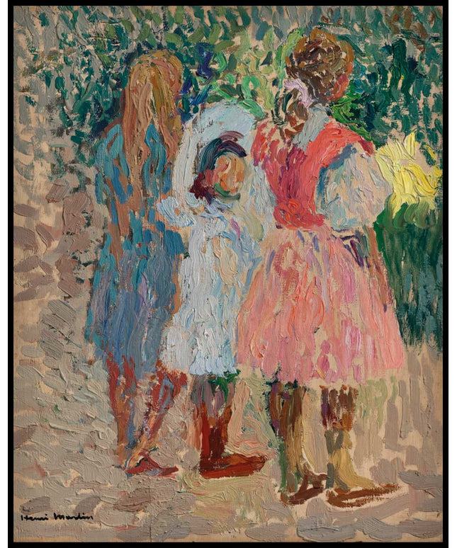 Trois petites filles au jardin, un matin d'été