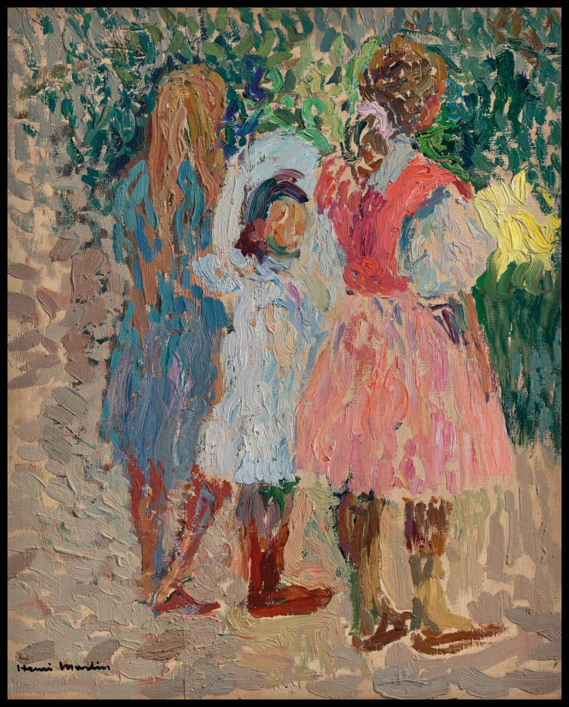 Trois petites filles au jardin, un matin d'été